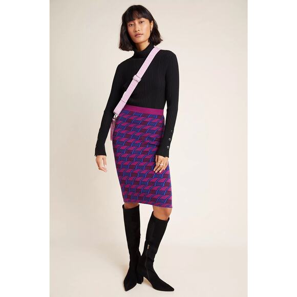 Anthropologie Maeve Nancy Sweater Pencil Skirt Midi M Pink Magenta Blue Retro - Picture 1 of 7